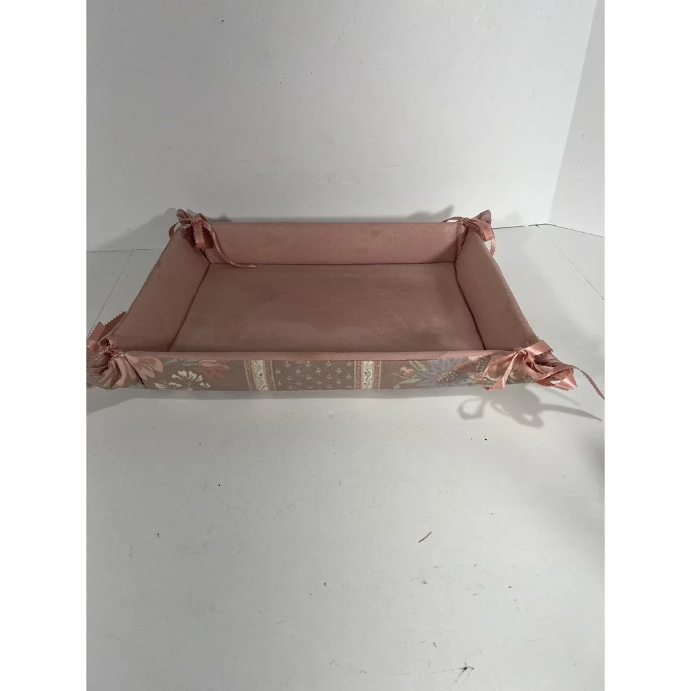 Vintage Floral Fabric Lined Tray Basket W Mid Century Ribbon Lace On Edges Liner